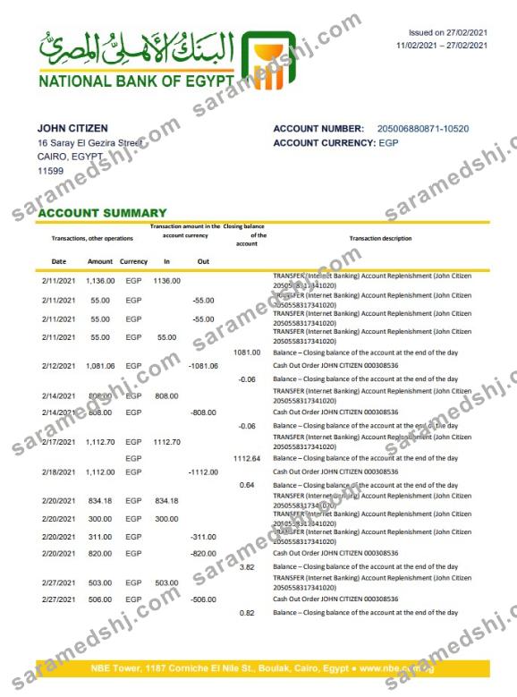 Egypt National Bank of Egypt bank statement easy to fill template in Excel and PDF format